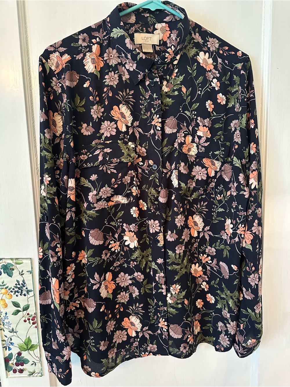 Loft floral blouse, navy w/peach floral design, size large